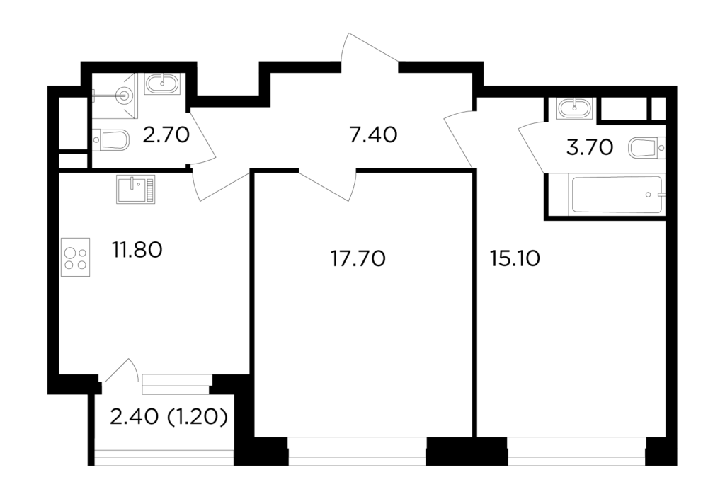 2-комнатная квартира 59.6 м2, 15-й этаж