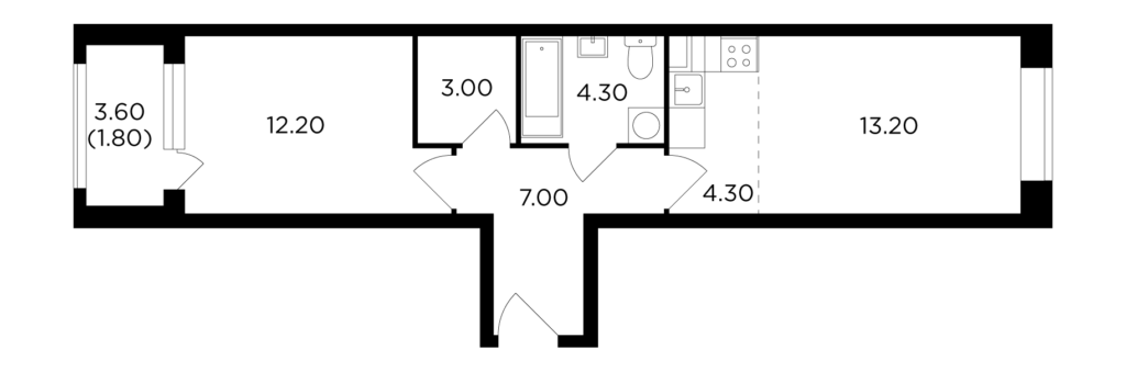 2-комнатная квартира 45.8 м2, 16-й этаж
