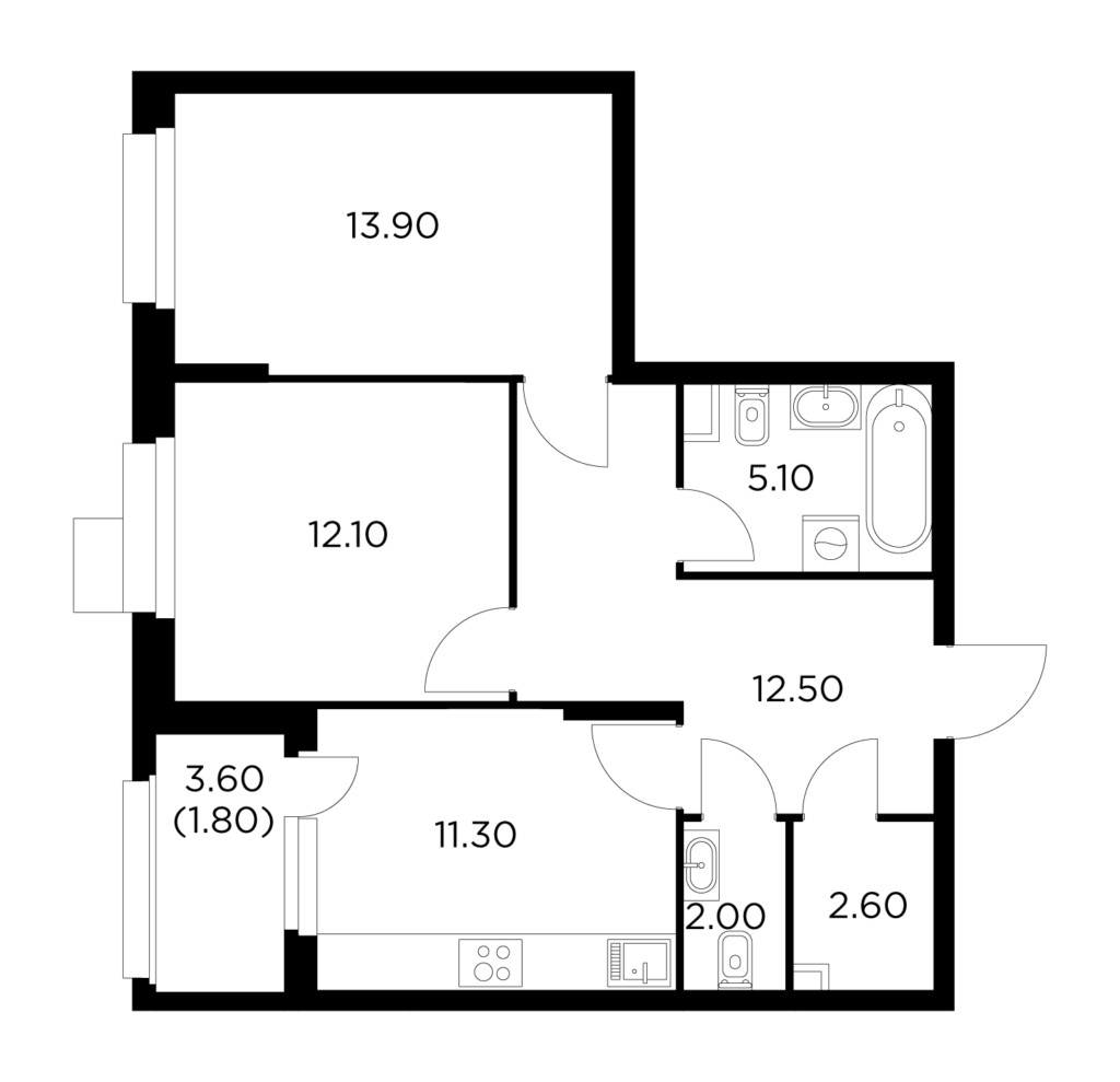2-комнатная квартира 61.3 м2, 3-й этаж