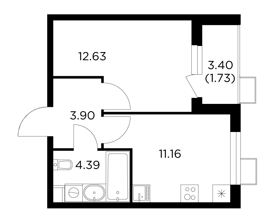 1-комнатная квартира 33.78 м2, 12-й этаж