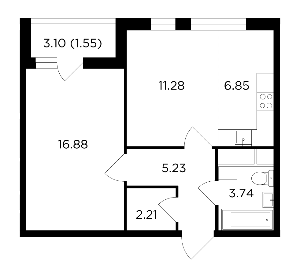 2-комнатная квартира 47.74 м2, 22-й этаж
