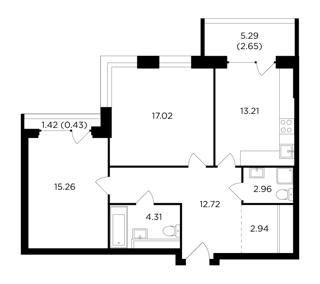 2-комнатная квартира 71.5 м2, 28-й этаж