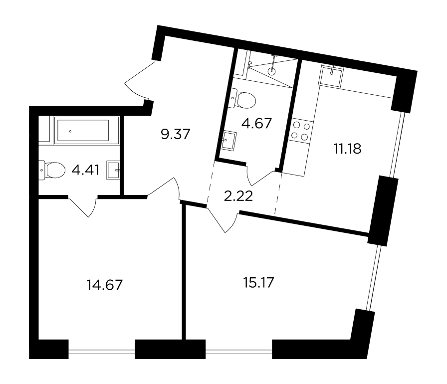 2-комнатная квартира 61.69 м2, 13-й этаж