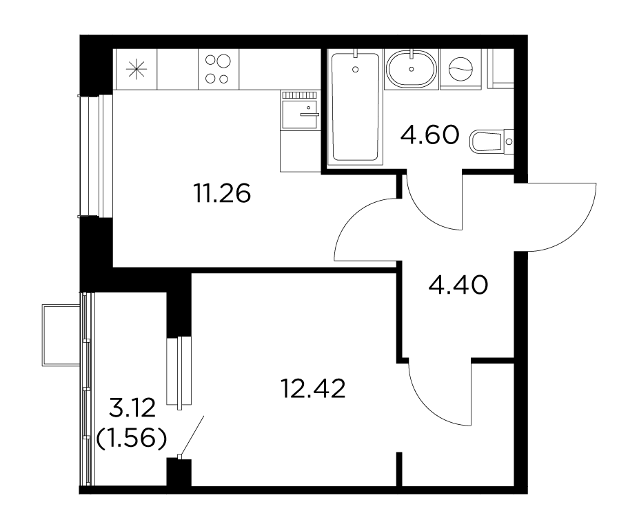 1-комнатная квартира 34.24 м2, 4-й этаж