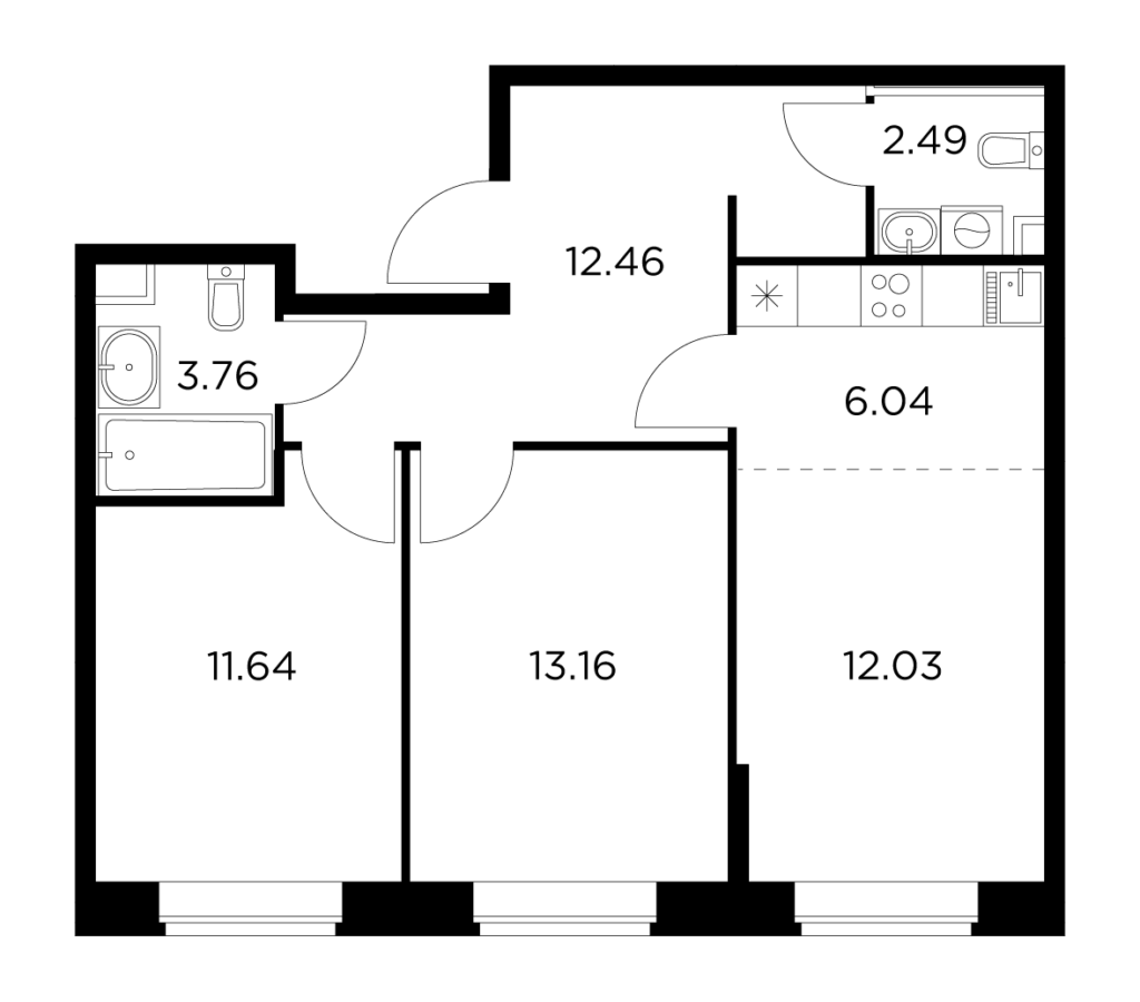 2-комнатная квартира 57.39 м2, 1-й этаж