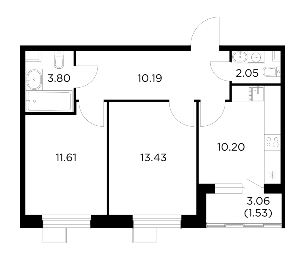2-комнатная квартира 52.81 м2, 13-й этаж