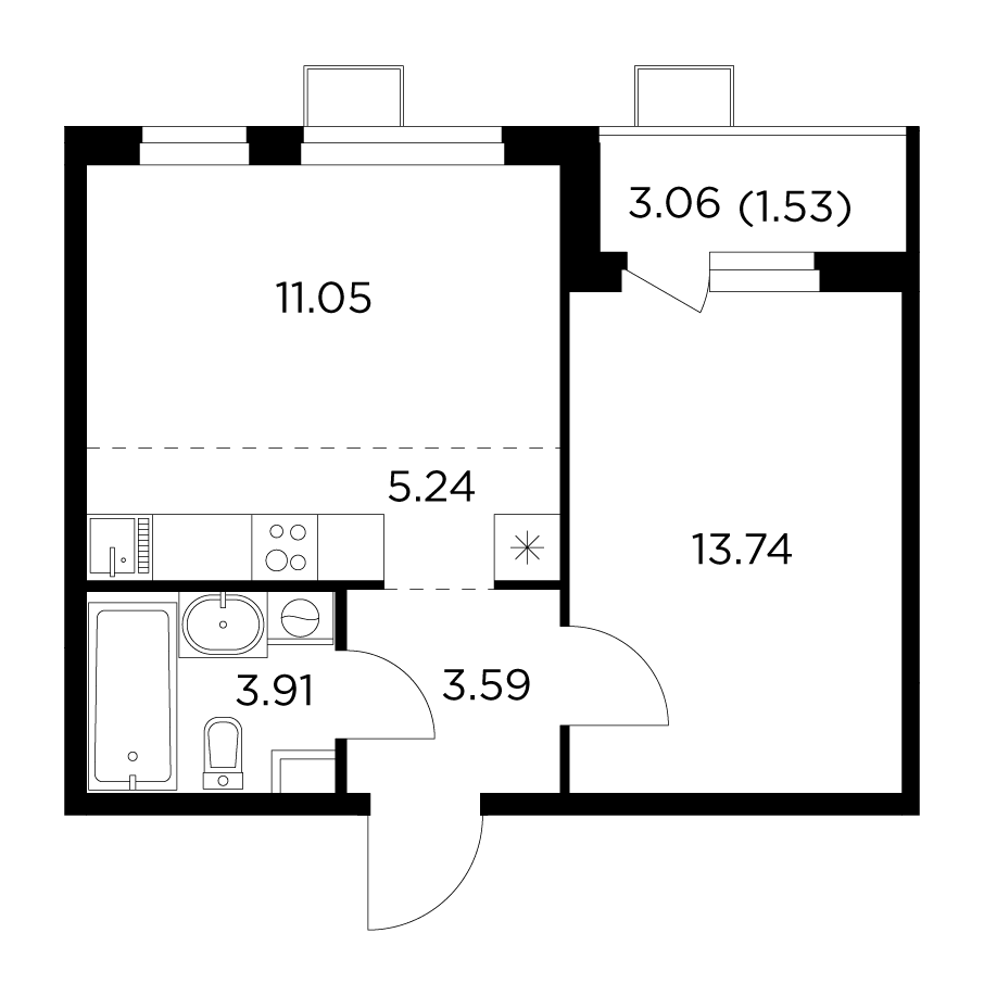 2-комнатная квартира 39.06 м2, 7-й этаж